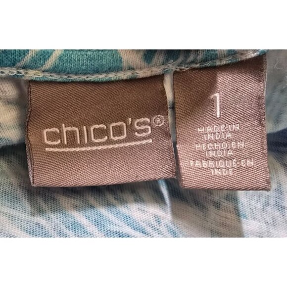 Chico's Womens sz 1 blue white floral short sleeve round neck shirt Cotton knot - Picture 3 of 10